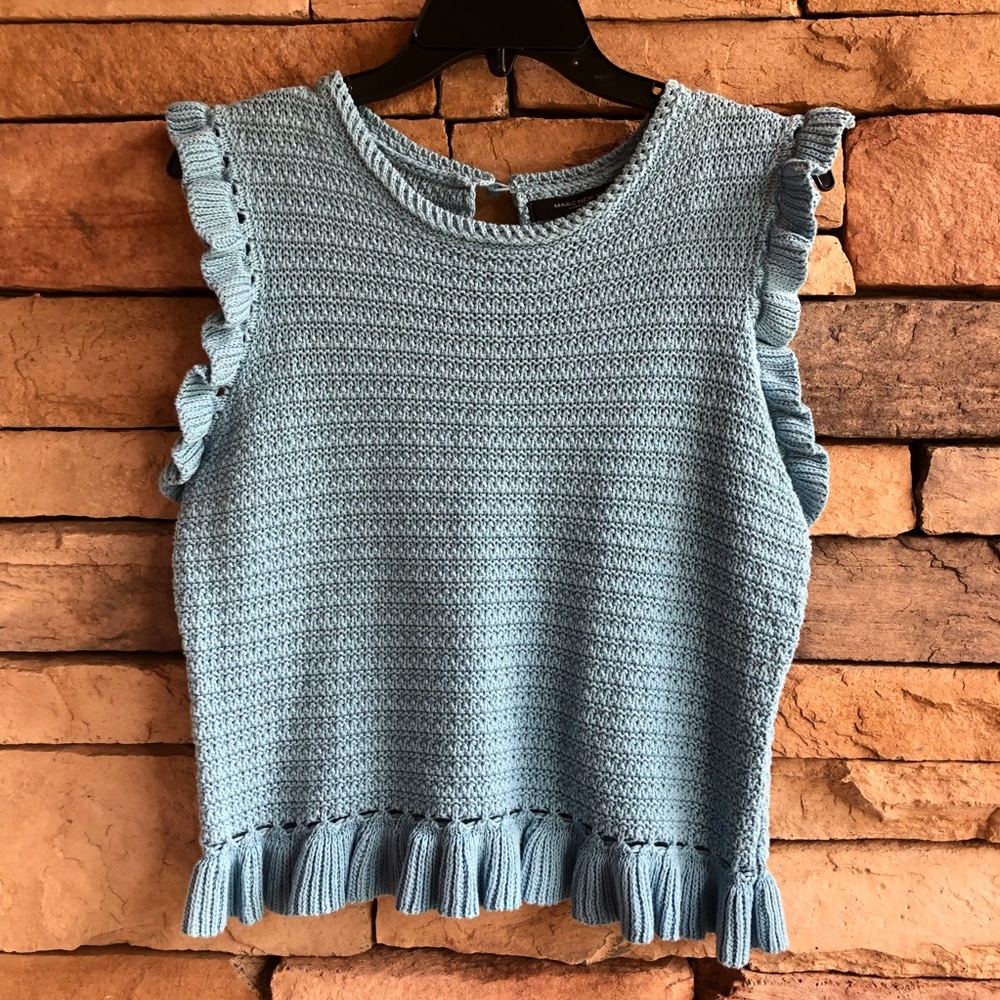 Andrew Marc blue ruffle sleeveless knit top NWT M & XL